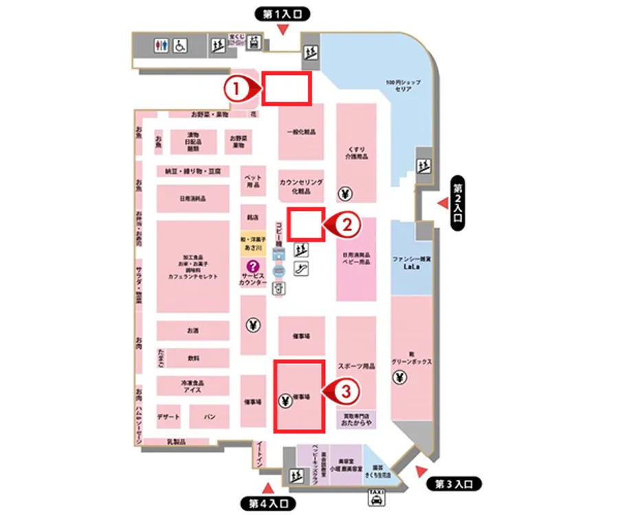 【イオン高萩店】各種プロモーションや物販、食物販のポップアップストアに最適な登りエスカレーター前のイベントスペース