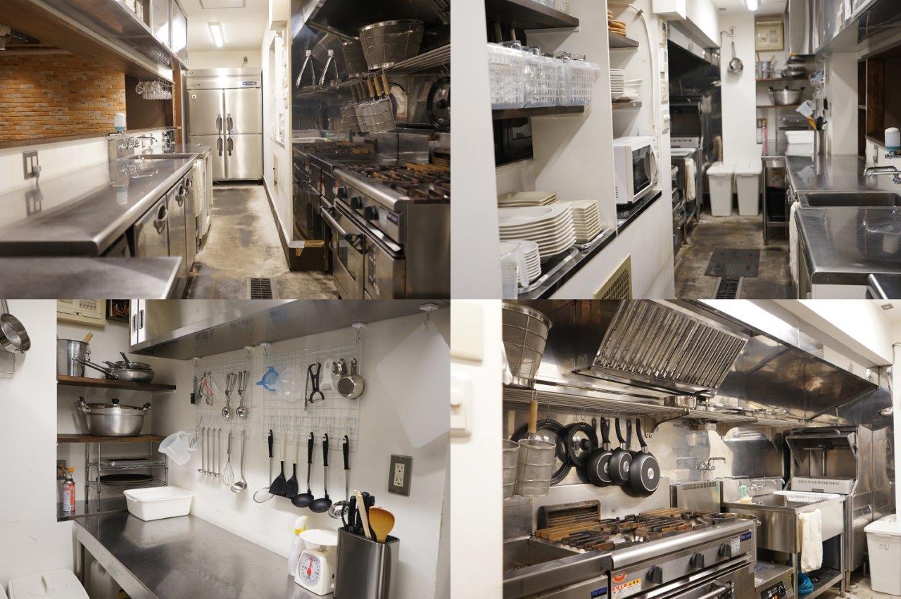 広々としたレストラン仕様のキッチン。冷蔵庫、冷凍庫、ガスコンロ、シンク、食器洗浄機、フライパン、鍋、包丁、その他各種調理道具・食器・グラス、全てご利用頂けます。