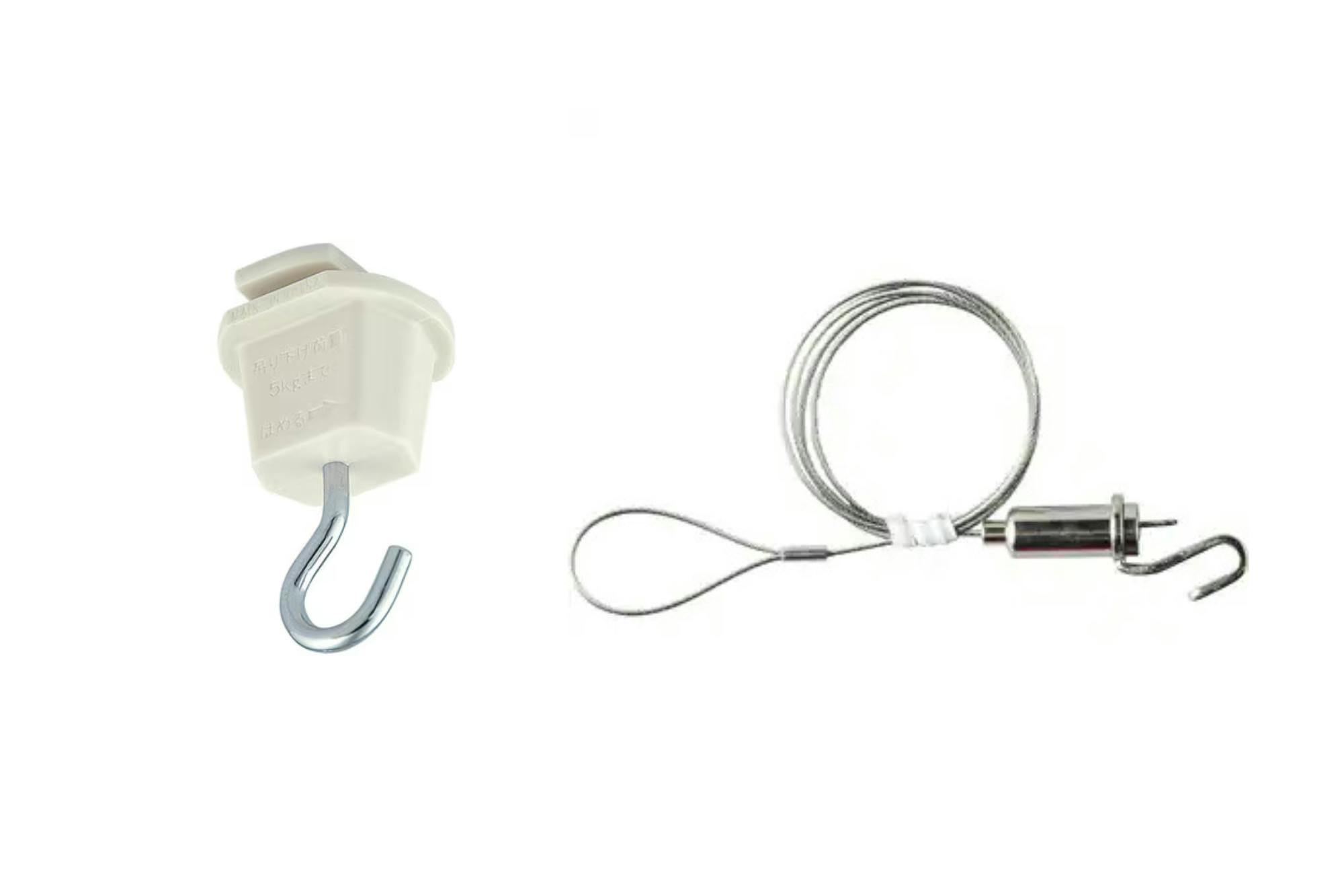 無料レンタル品:フック×20個(ライティングダクト用・耐過重5kg)/ワイヤー×20本(径1mm・長さ1.3m ※長さ調節可能・耐過重12kg)