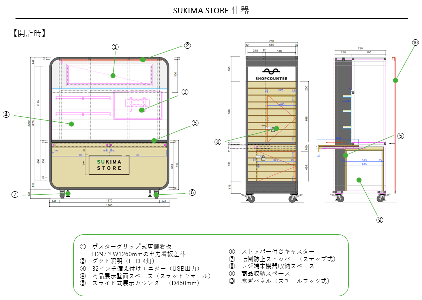 什器内に、ポスターを展開するスペースや液晶がセットになっております