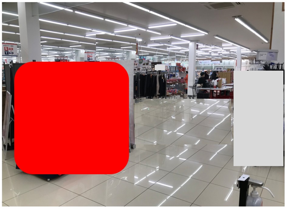 【西友　伊那竜東店】店内入口付近（レジ前 クリーニング/理美容側入口付近)　プロモーション用途や物販、食物販のポップアップストアに最適なスーパー店内催事イベントスペース