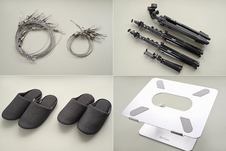 その他の備品② スリッパ、三脚、パソコン台があります