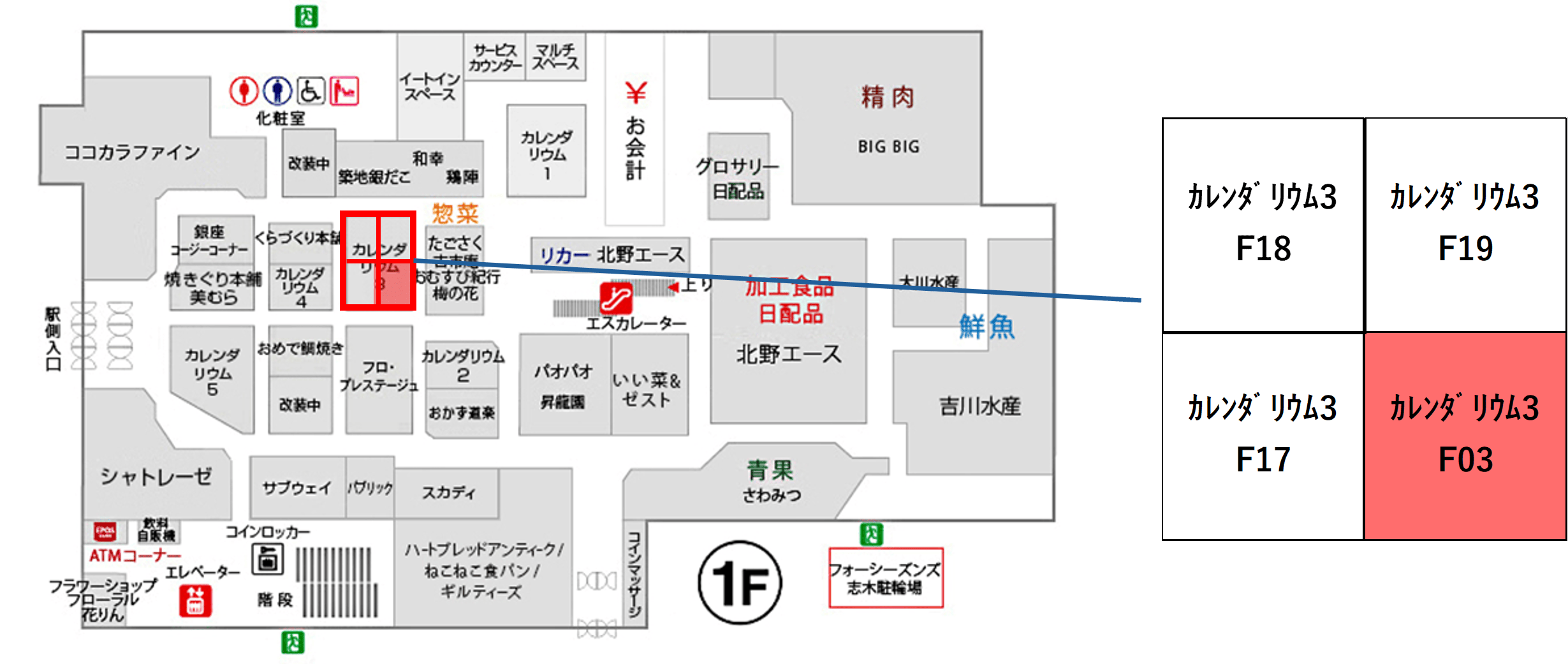 【マルイファミリー志木】1階　カレンダリウムF03【食・物販】コンパクトなスペースでスイーツ、菓子などに最適なスペースです。