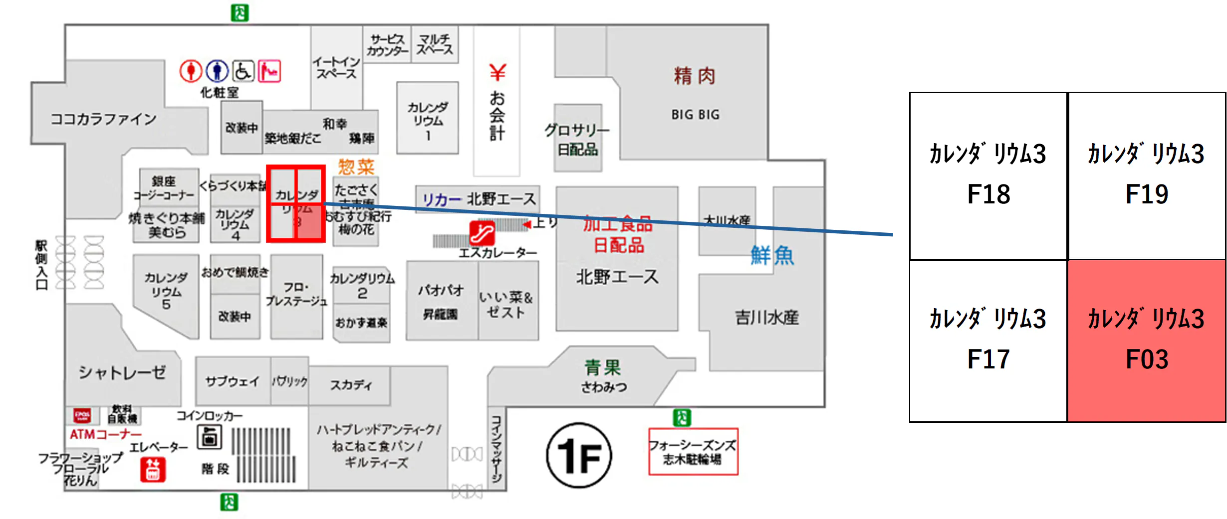 【マルイファミリー志木】1階 カレンダリウムF03【食・物販】コンパクトなスペースでスイーツ、菓子などに最適なスペースです。
