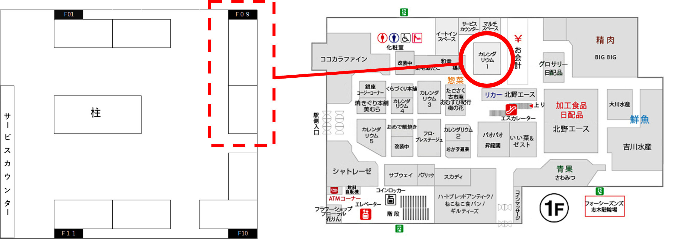 1階フロアマップ(右側) 生鮮催事内スペースマップ(左側)