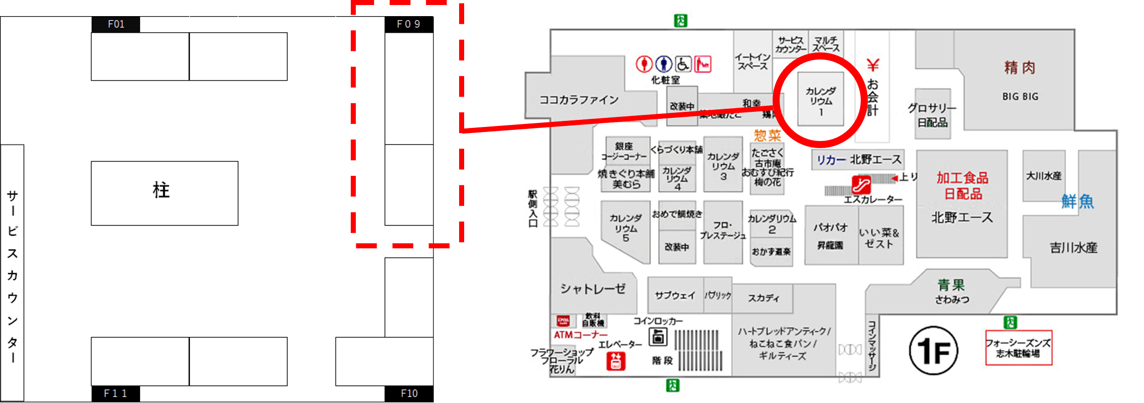 【マルイファミリー志木】1階 カレンダリウムF09【食物販・調理行為可能】生鮮食品フロアーに位置し、集合型のサークル状の区画。実演販売に最適なスペースです。