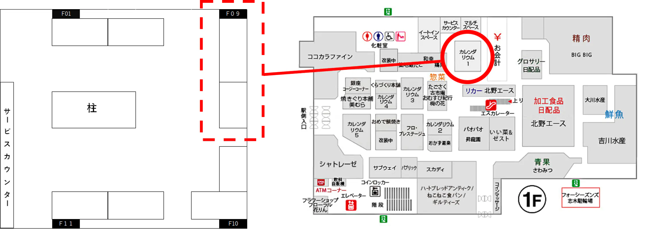 【マルイファミリー志木】1階 カレンダリウムF09【食物販・調理行為可能】生鮮食品フロアーに位置し、集合型のサークル状の区画。実演販売に最適なスペースです。
