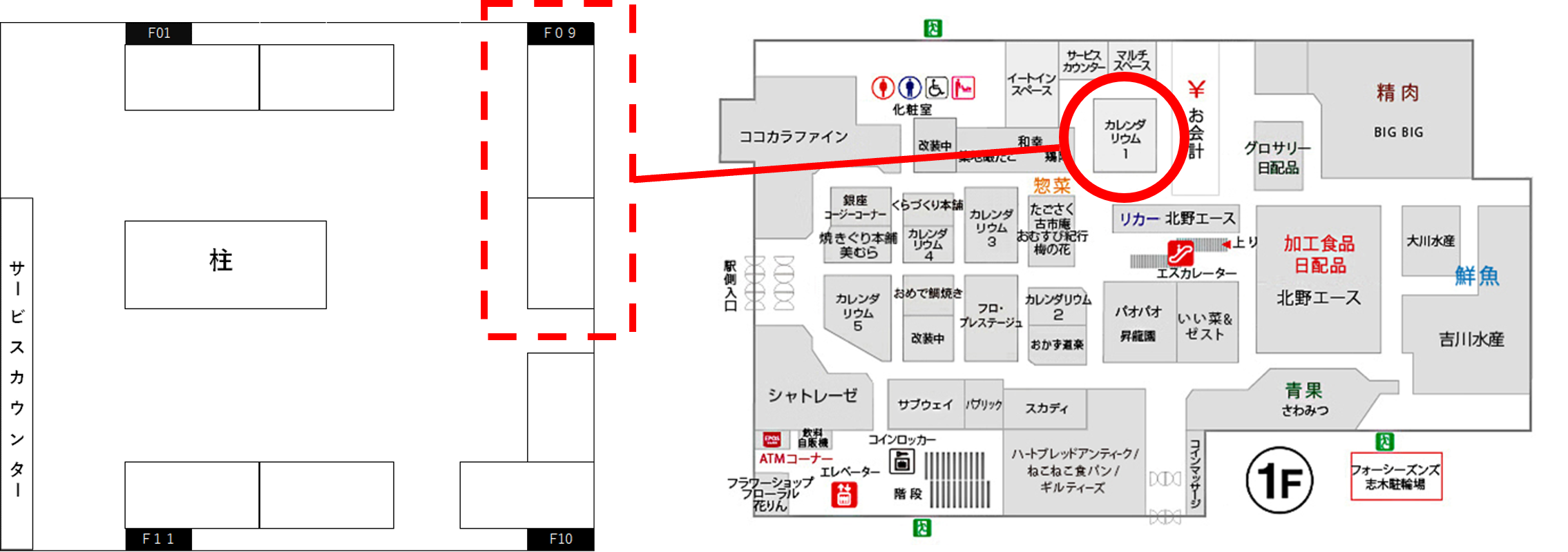 【マルイファミリー志木】1階 カレンダリウムF09【食物販・調理行為可能】生鮮食品フロアーに位置し、集合型のサークル状の区画。実演販売に最適なスペースです。