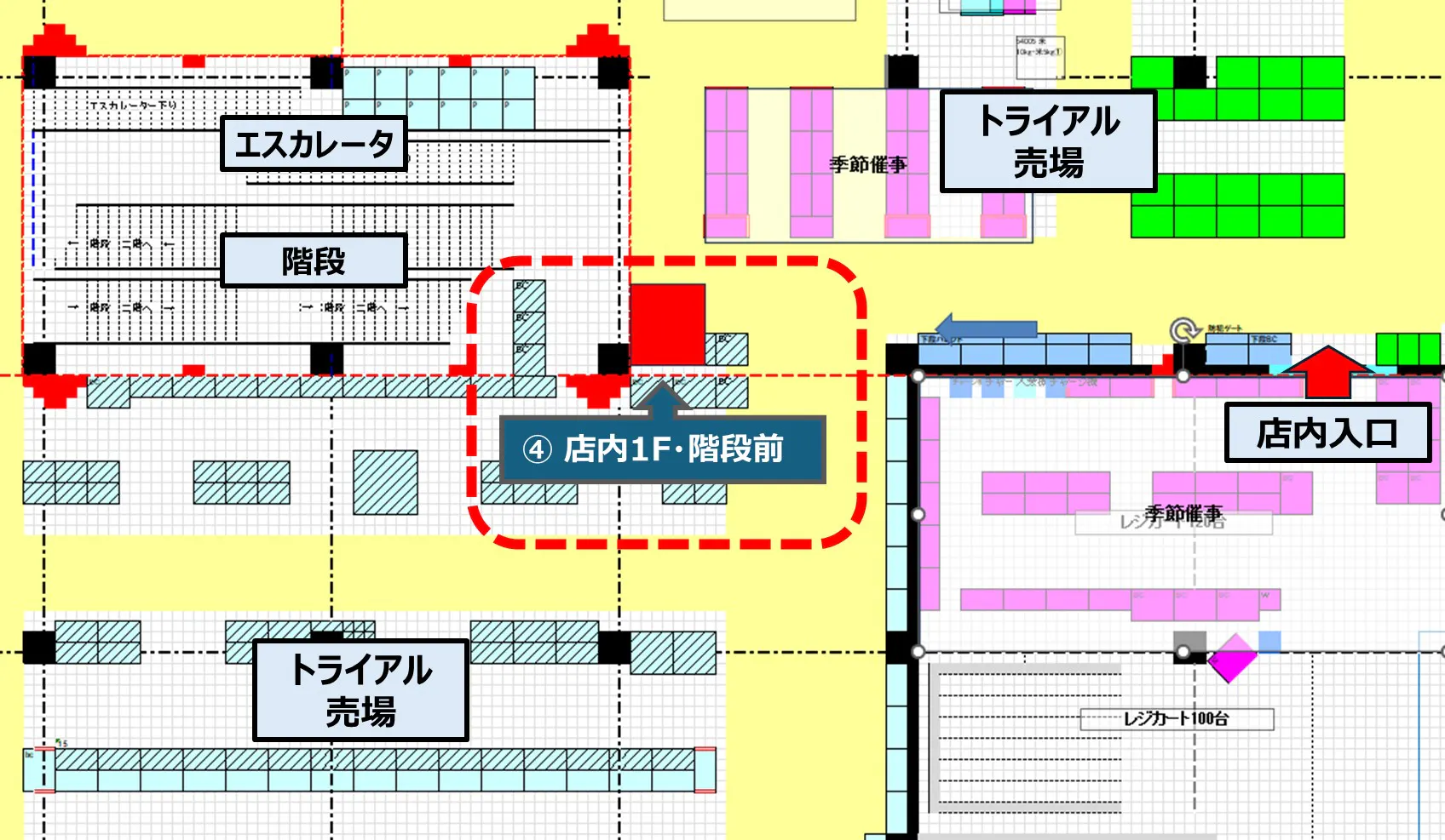 【メガセンタートライアル八千代店】食物販やPR活動に最適な「④ 店内1F・階段前」スペース（※買取催事不可）