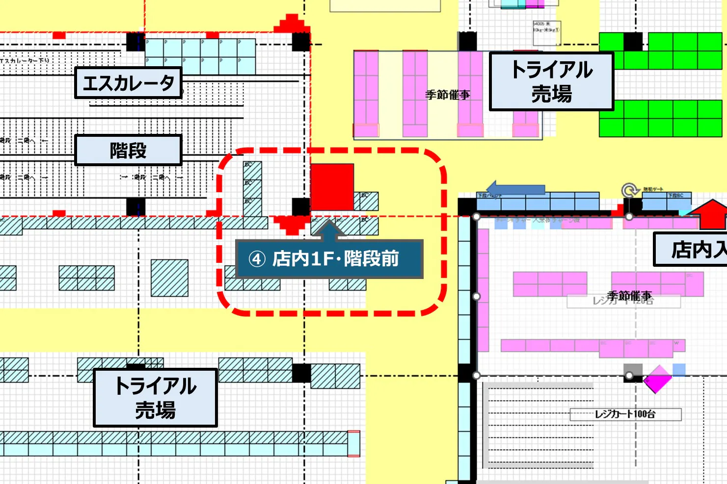 【メガセンタートライアル八千代店】食物販やPR活動に最適な「④ 店内1F・階段前」スペース(※買取催事不可)