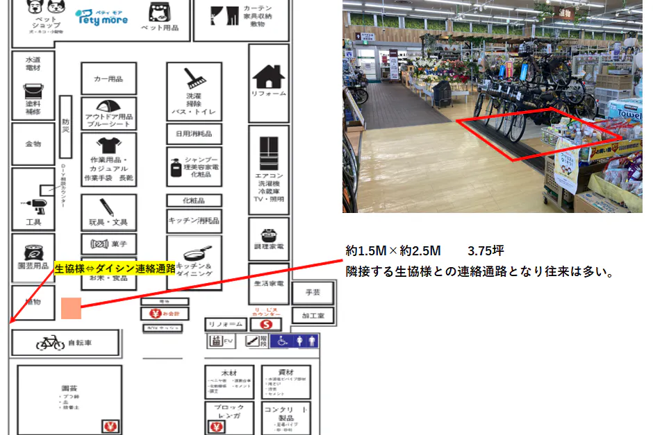 【ダイシン幸町店】サイクルセンター前 プロモーションや物販に最適なホームセンター内階段前の催事イベントスペース