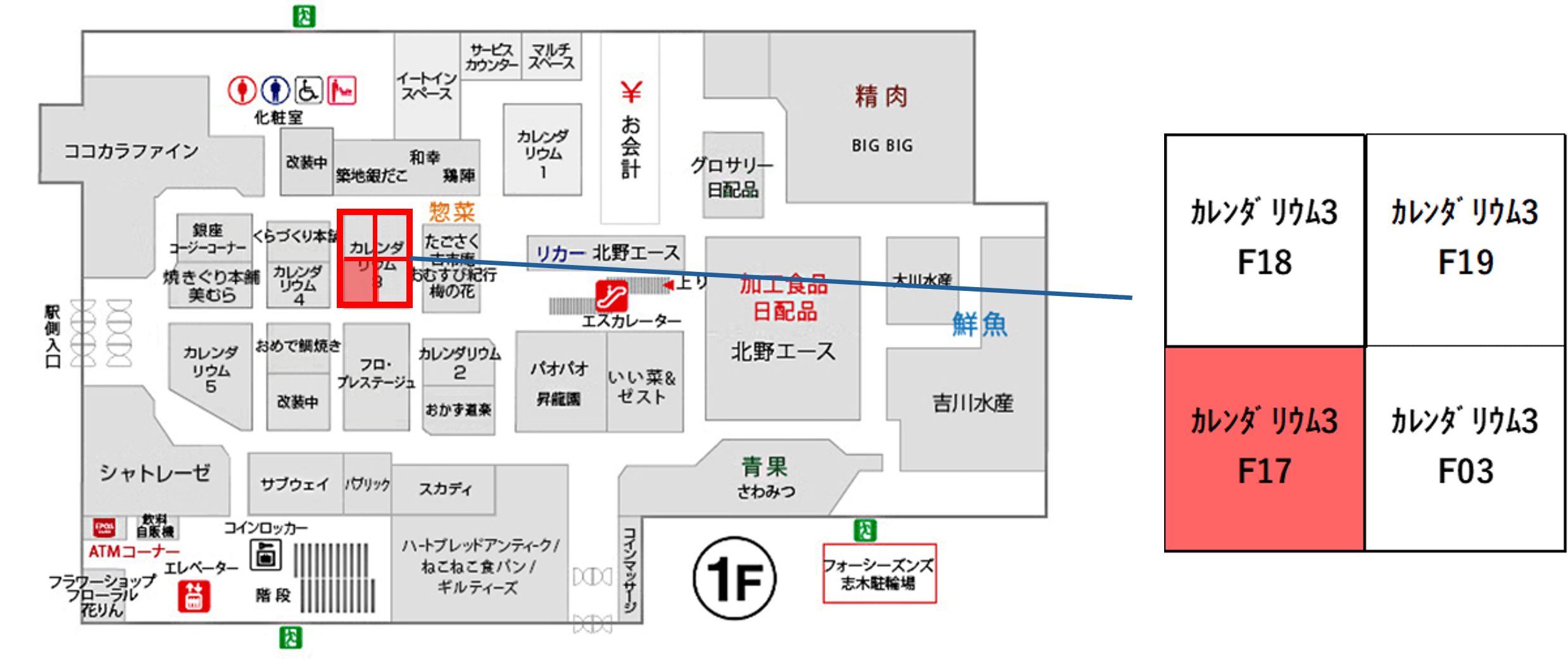 【マルイファミリー志木】1階 カレンダリウムF17【食・物販】コンパクトなスペースでスイーツ、菓子などに最適なスペースです。