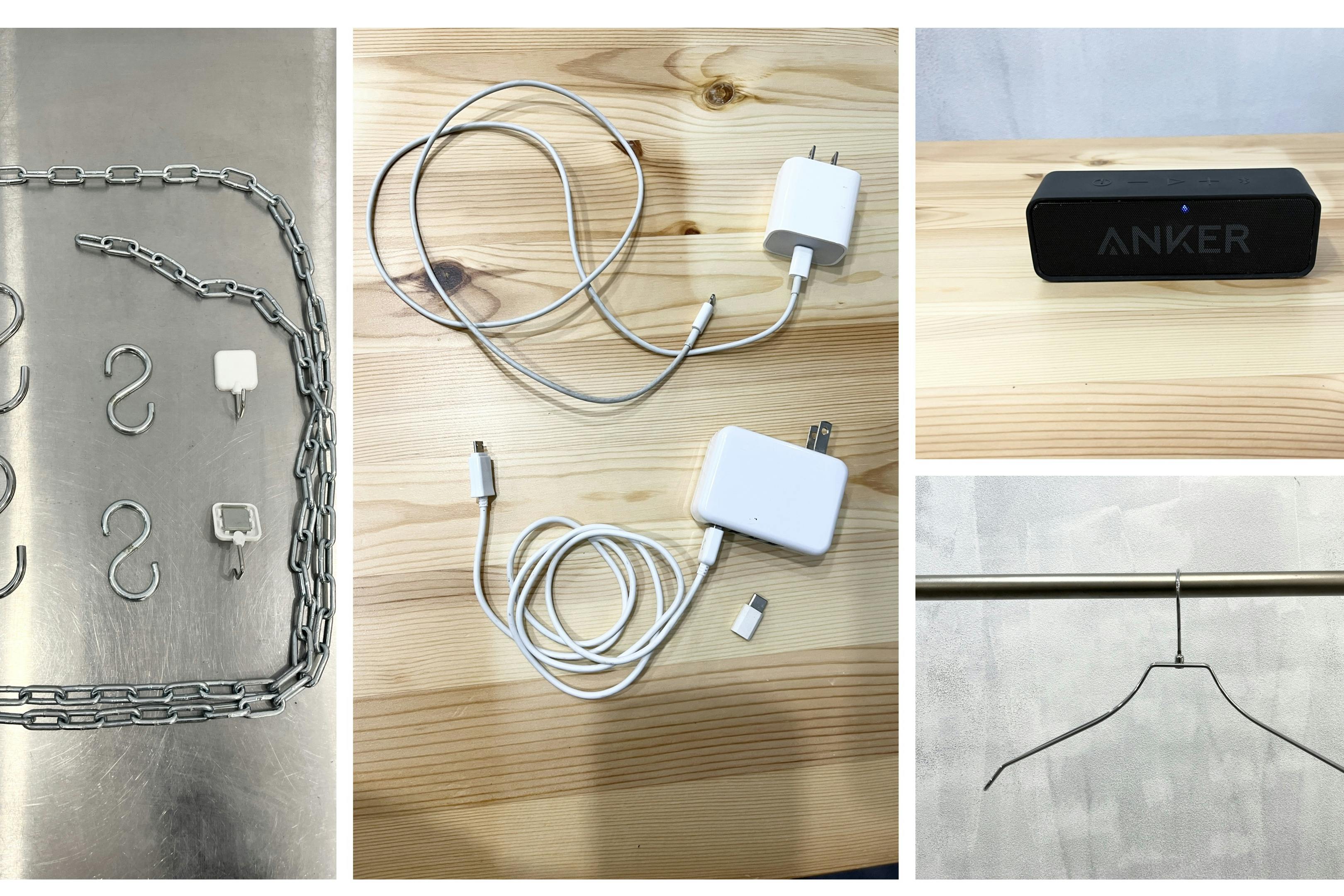 ステンレスハンガー×200 充電ケーブル(タイプB,C ライトニングケーブル) Bluetoothスピーカー(ANKER) S字フック、マグネットフック