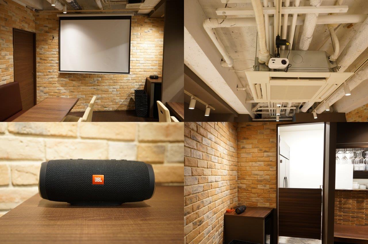 プロジェクターは、WiFi接続、Bluetooth接続、HDMI接続が可能。JBLのBluetoothスピーカーも利用可能。