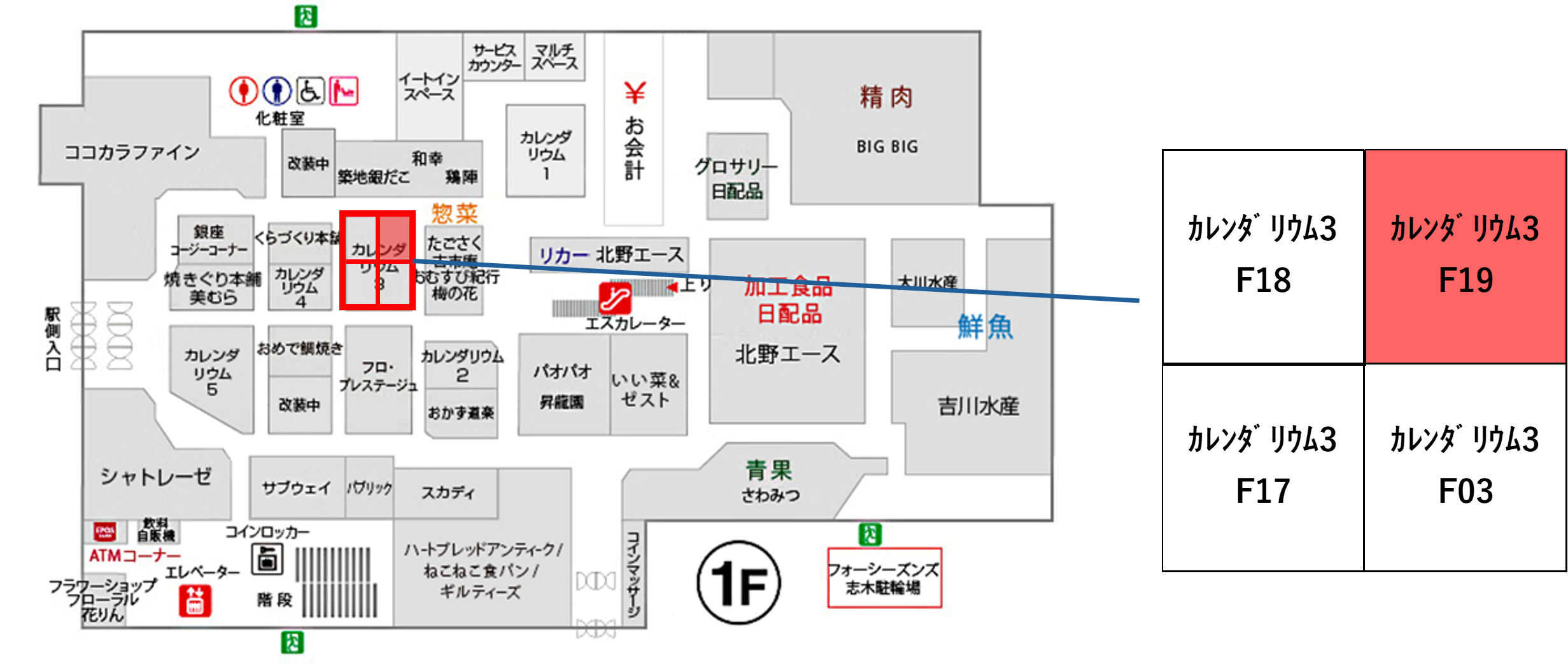 【マルイファミリー志木】1階　カレンダリウムF19【食・物販】コンパクトなスペースでスイーツ、菓子などに最適なスペースです。