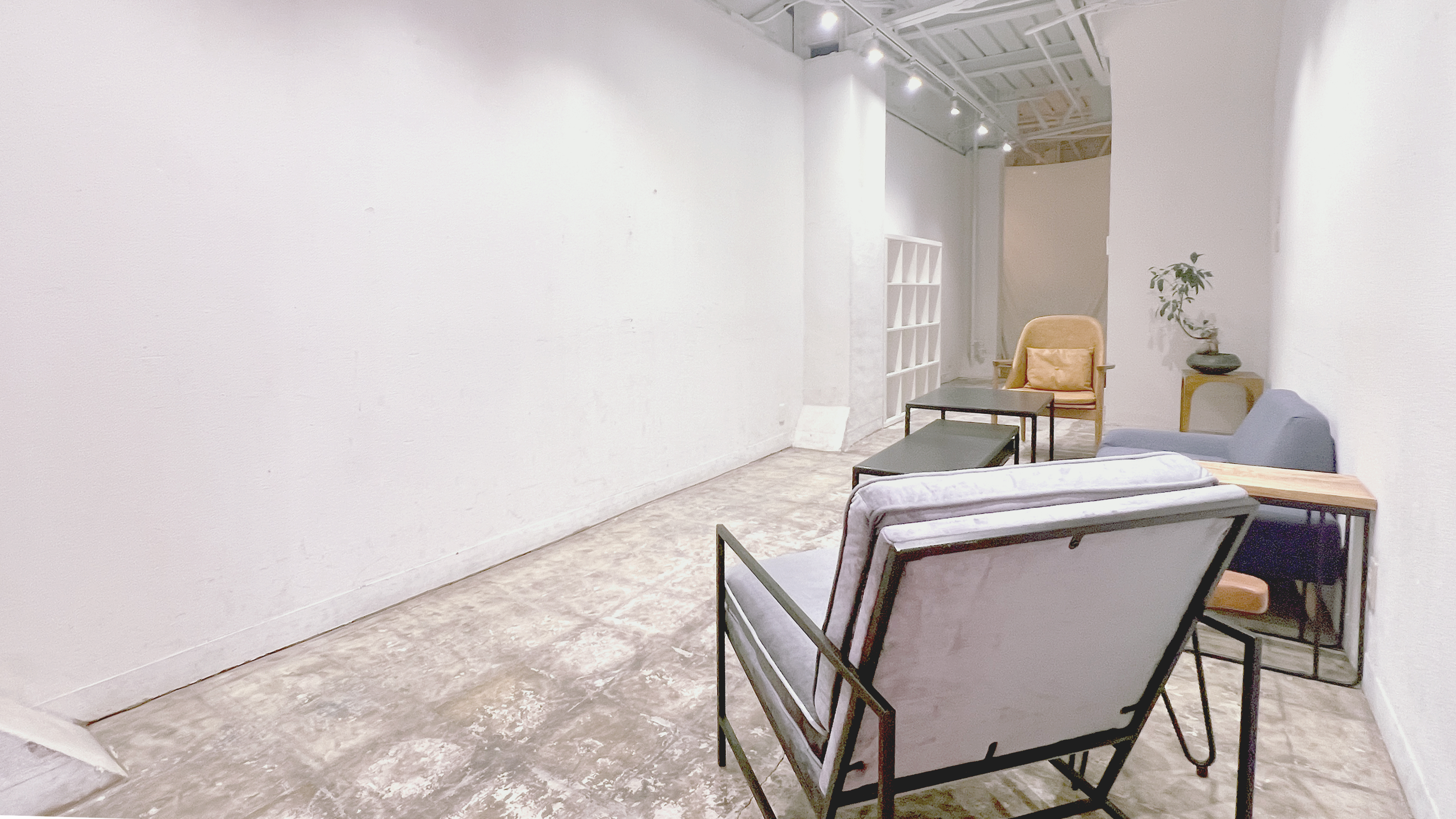 天井が高く、展示のしやすい広い白い壁が2面あります。