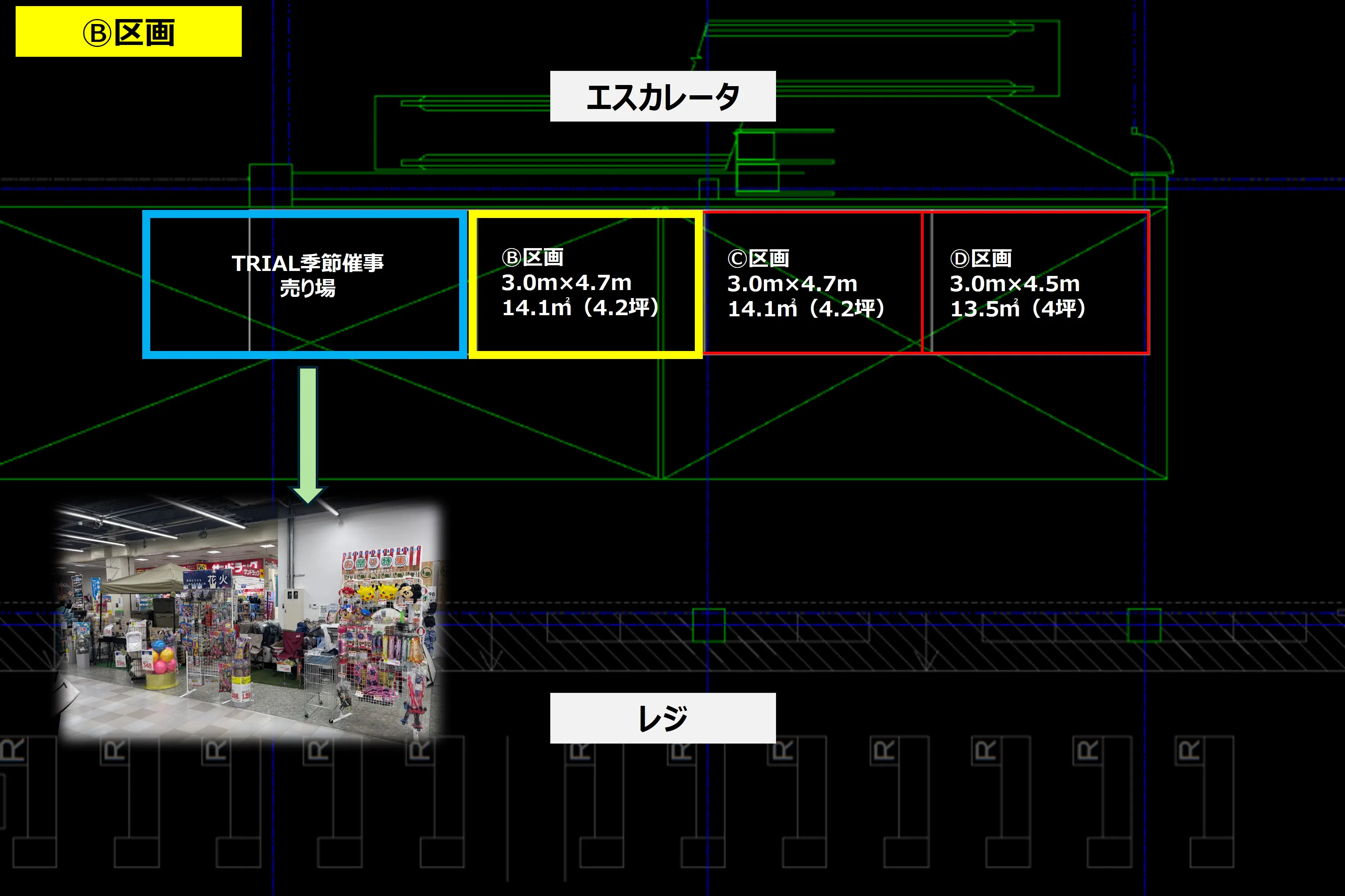 【メガセンタートライアル伏古店】販促プロモーションやポップアップストアに最適なレジアウト「Ⓑスペース」