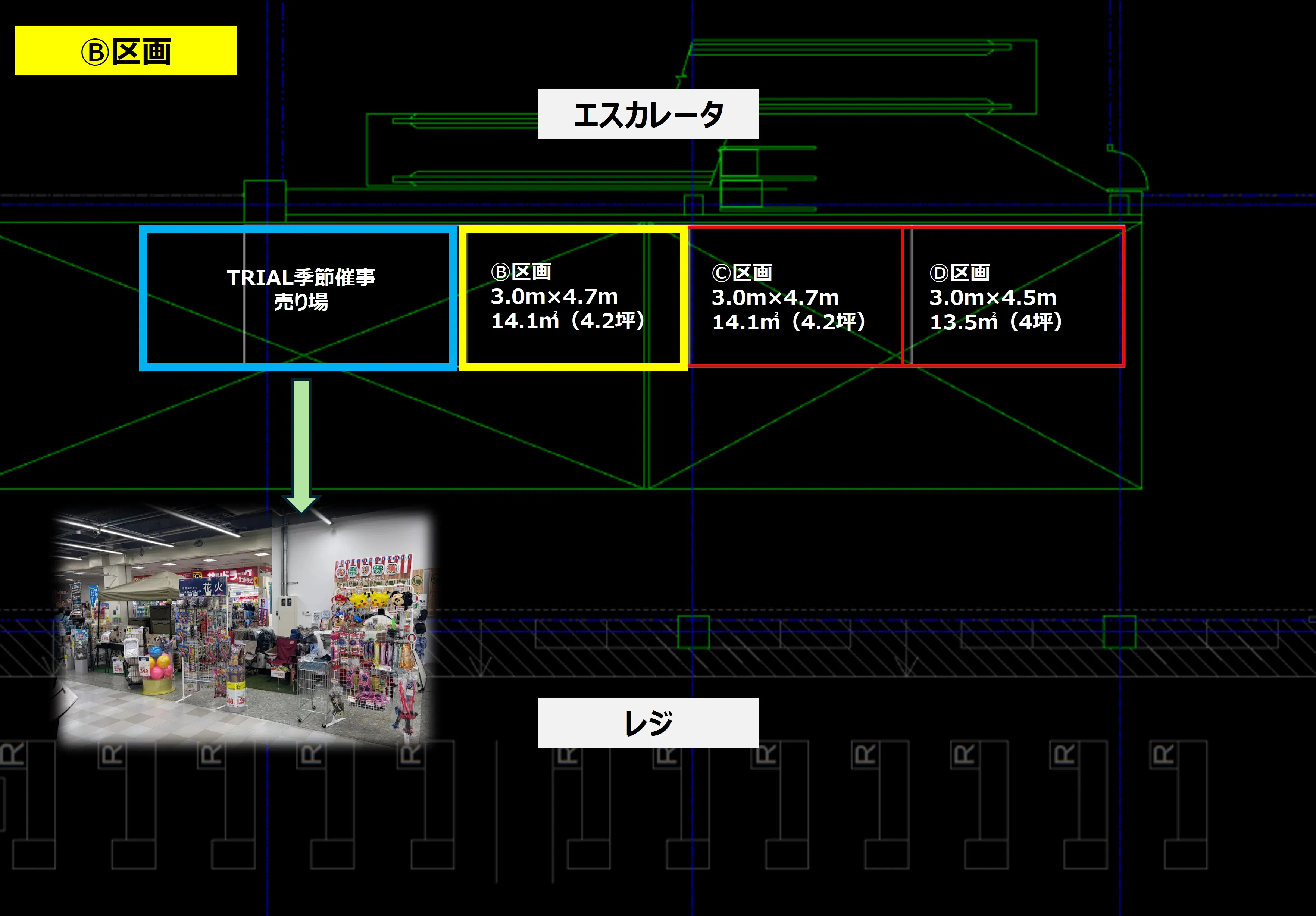 【メガセンタートライアル伏古店】販促プロモーションやポップアップストアに最適なレジアウト「Ⓑスペース」の画像