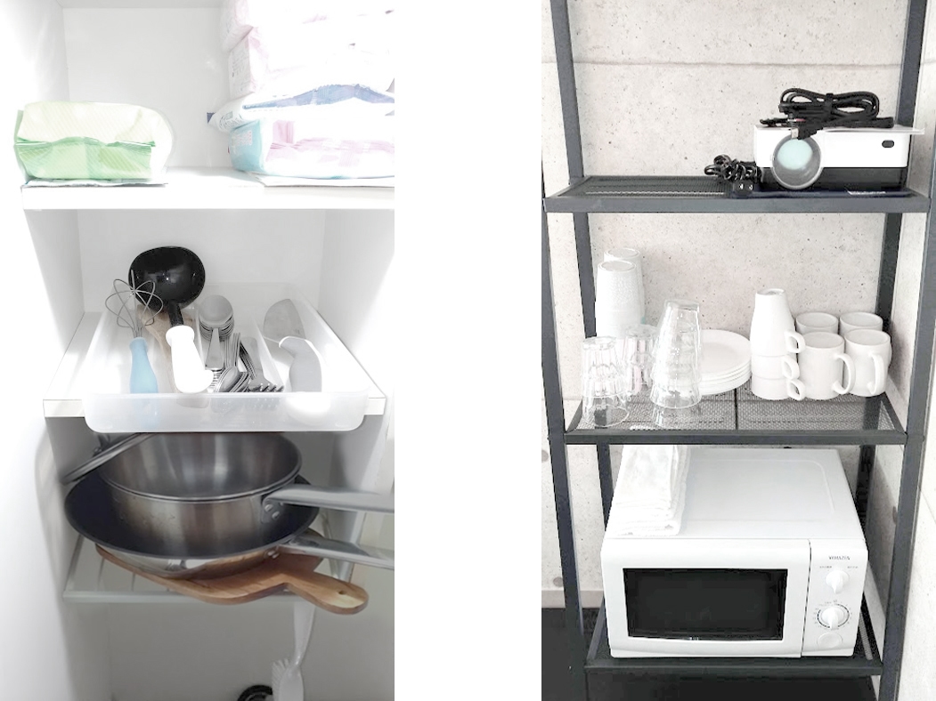 おたま1、フライ返し(しゃもじ)1、泡立て器1 マグカップ8個、プラスチックカップ12個 平皿9枚、スプーン11、フォーク10、 包丁1、パン切ナイフ1  まな板小1、フライパン1、鍋1、ボウル1、鍋敷き1、栓抜き1