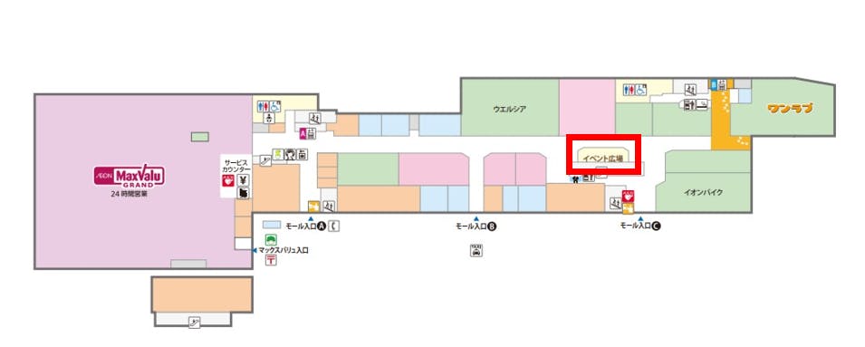 【イオンタウン名西(A イベント広場)】音楽イベントや大型PRイベントに適した、正面通路に位置する大型イベントスペース