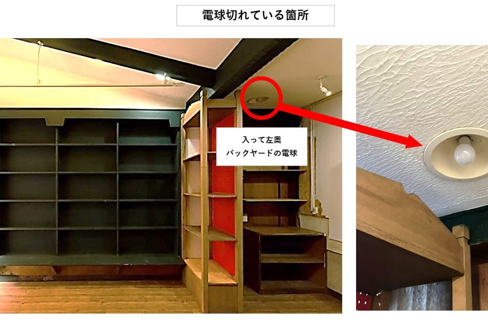 入って左奥・バックヤードの電球が点灯しません