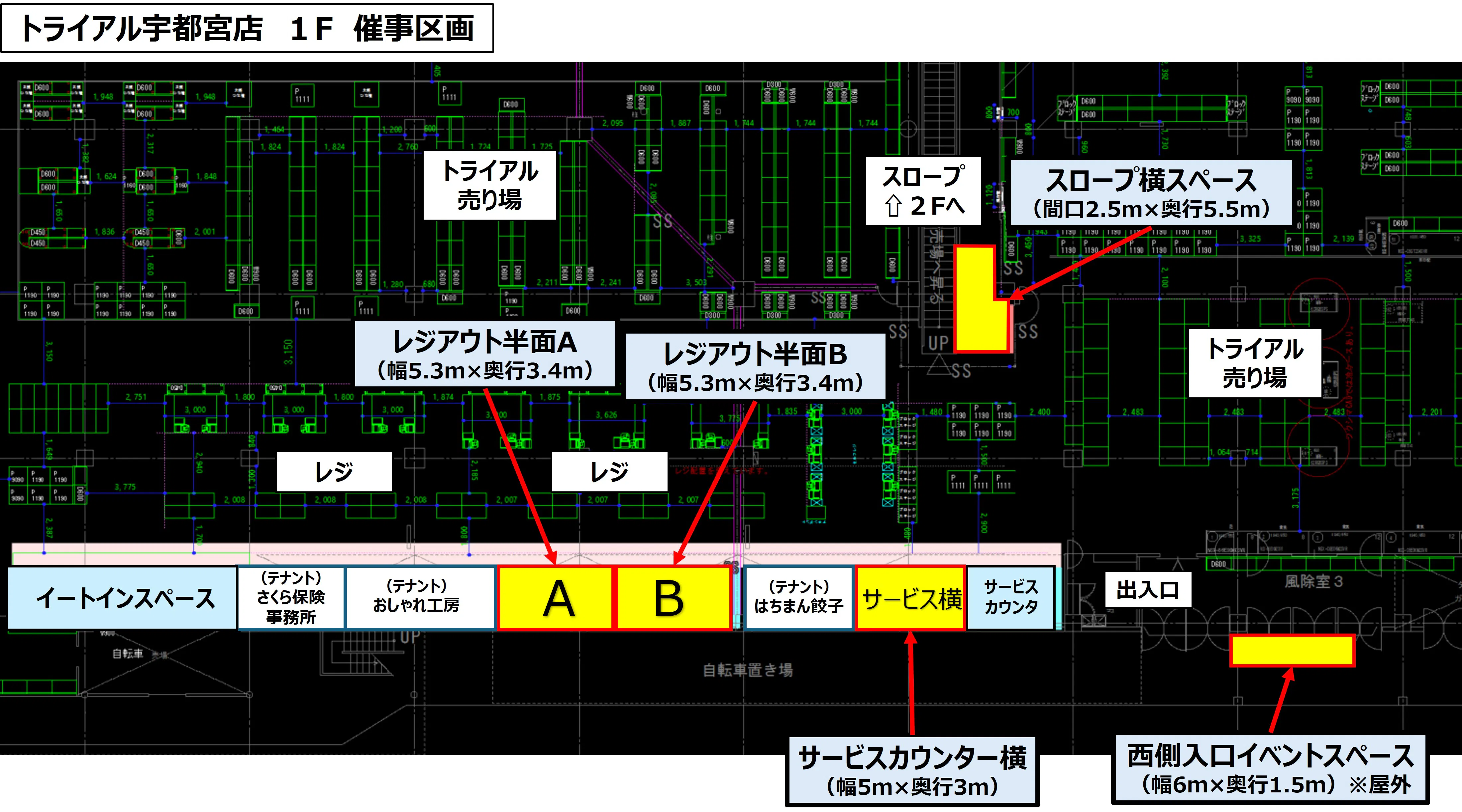 【メガセンタートライアル宇都宮店】販促プロモーションやポップアップストアに適した視認性の高い1階レジアウト付近のイベントスペース(半面貸しA:右側)【買取催事不可】