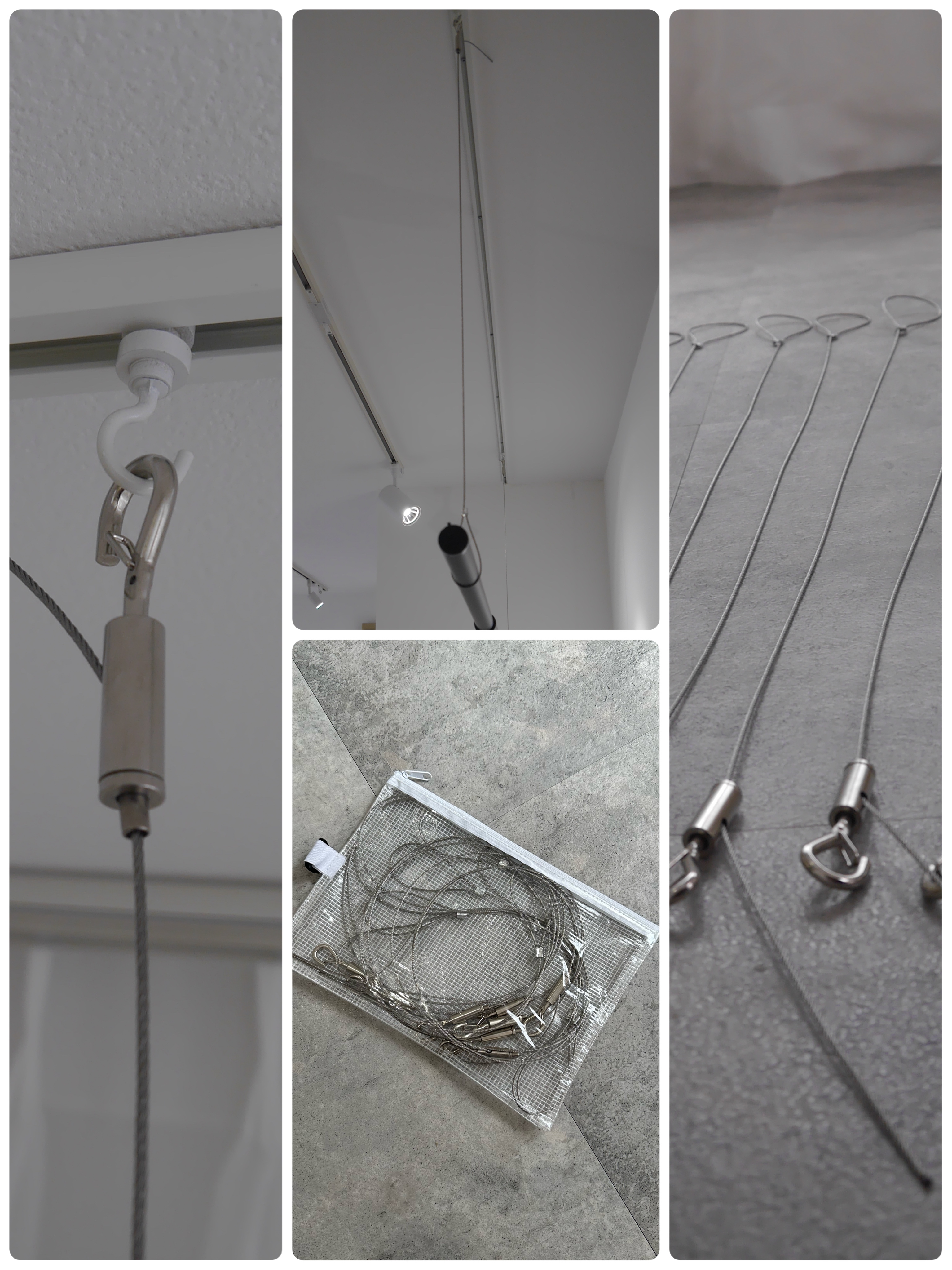 ワイヤーフックが8本あり、ピクチャーレールから吊り下げます。