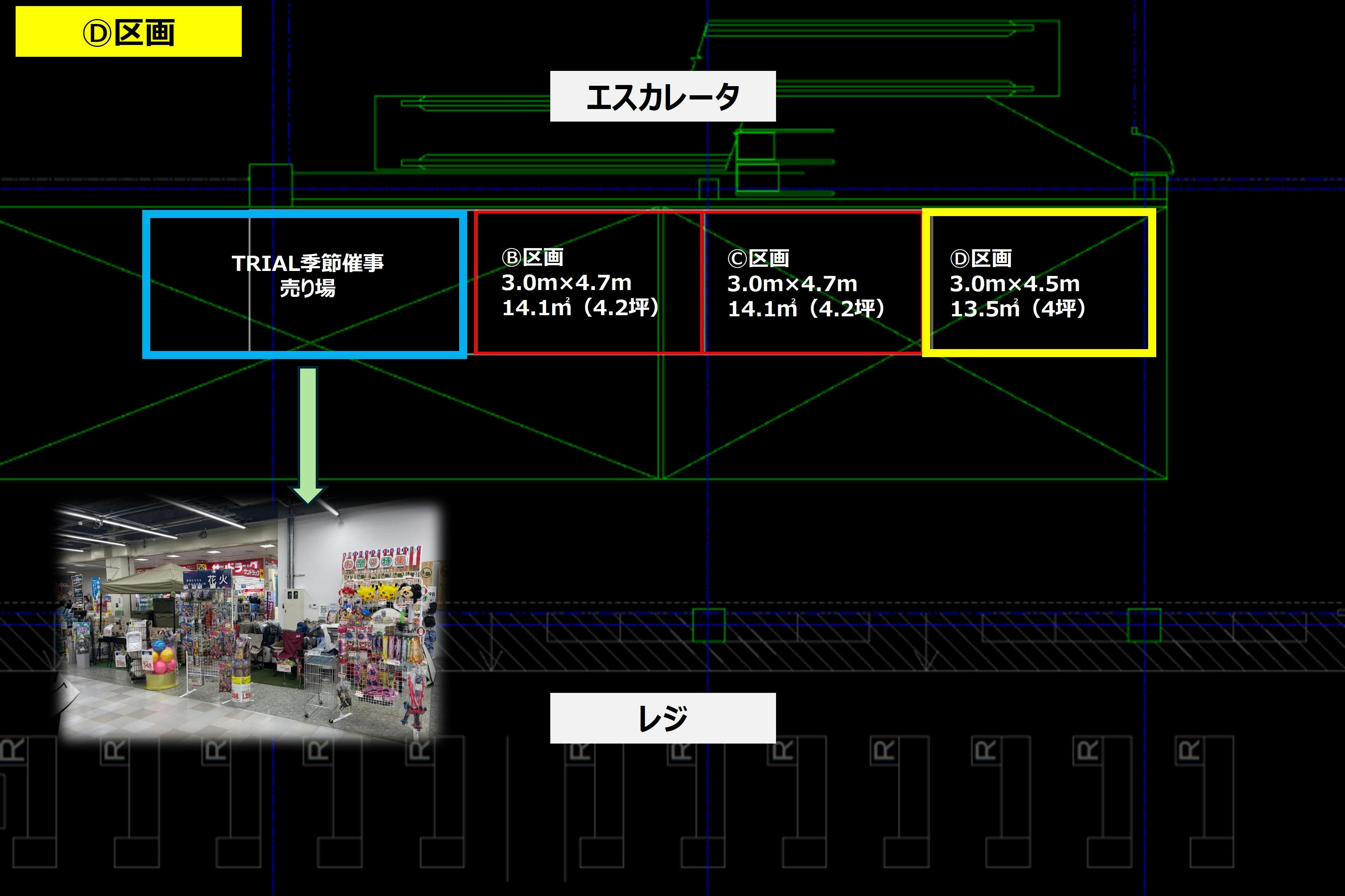【メガセンタートライアル伏古店】販促プロモーションやポップアップストアに最適なレジアウト「Ⓓスペース」