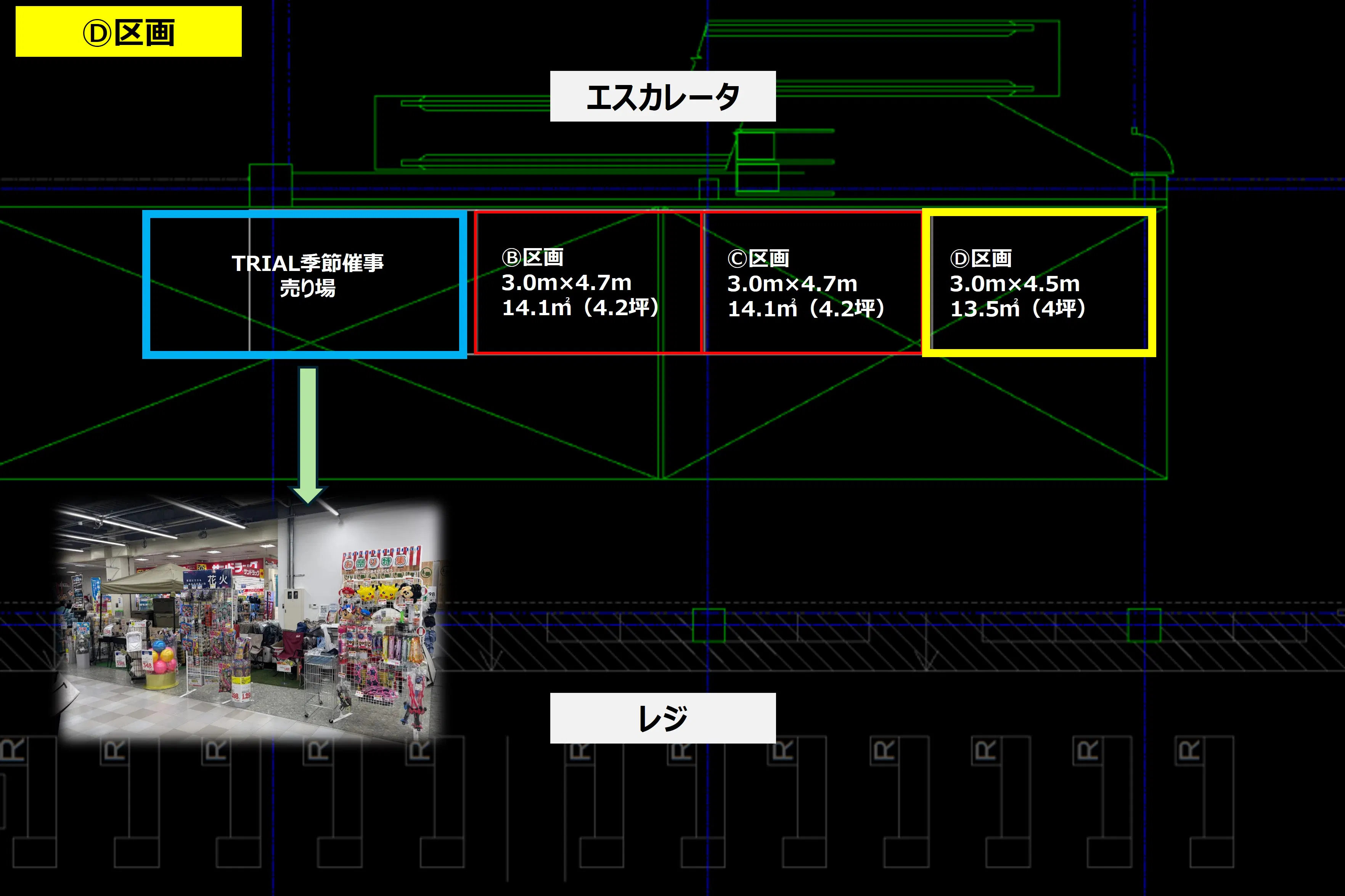 【メガセンタートライアル伏古店】販促プロモーションやポップアップストアに最適なレジアウト「Ⓓスペース」
