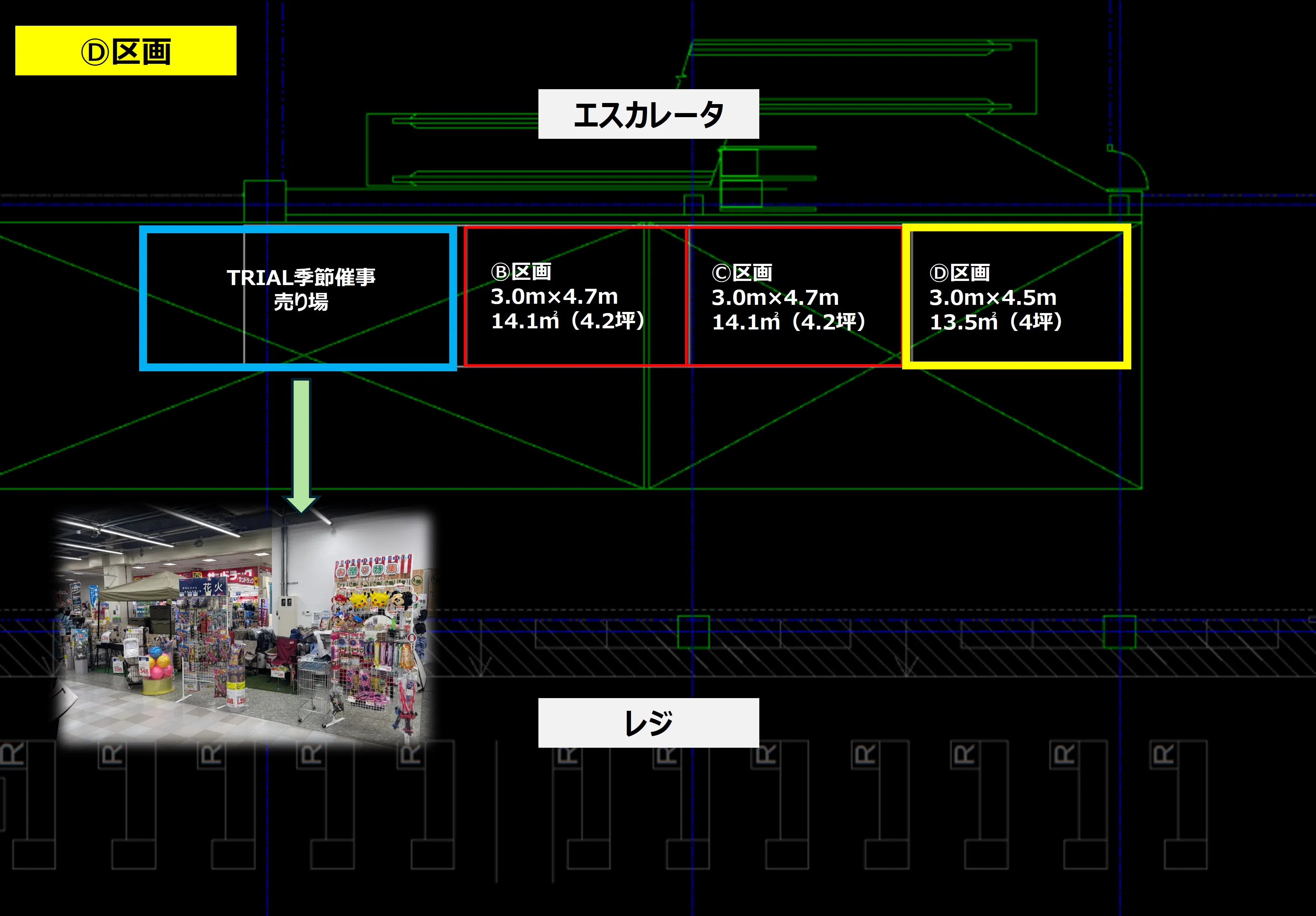【メガセンタートライアル伏古店】販促プロモーションやポップアップストアに最適なレジアウト「Ⓓスペース」の画像